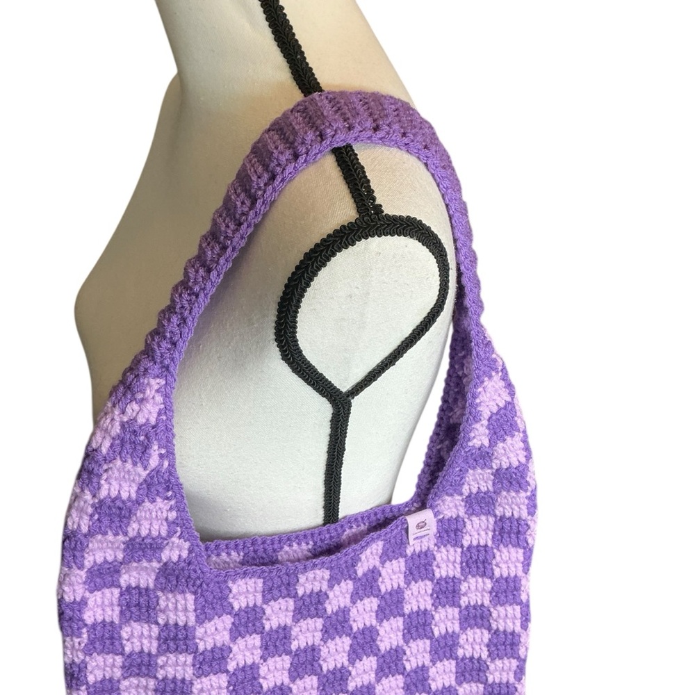 Handmade Amethyst & Soft Purple Checker Checkerboard Crochet Shoulder Tote Bag - Picture 15 of 16